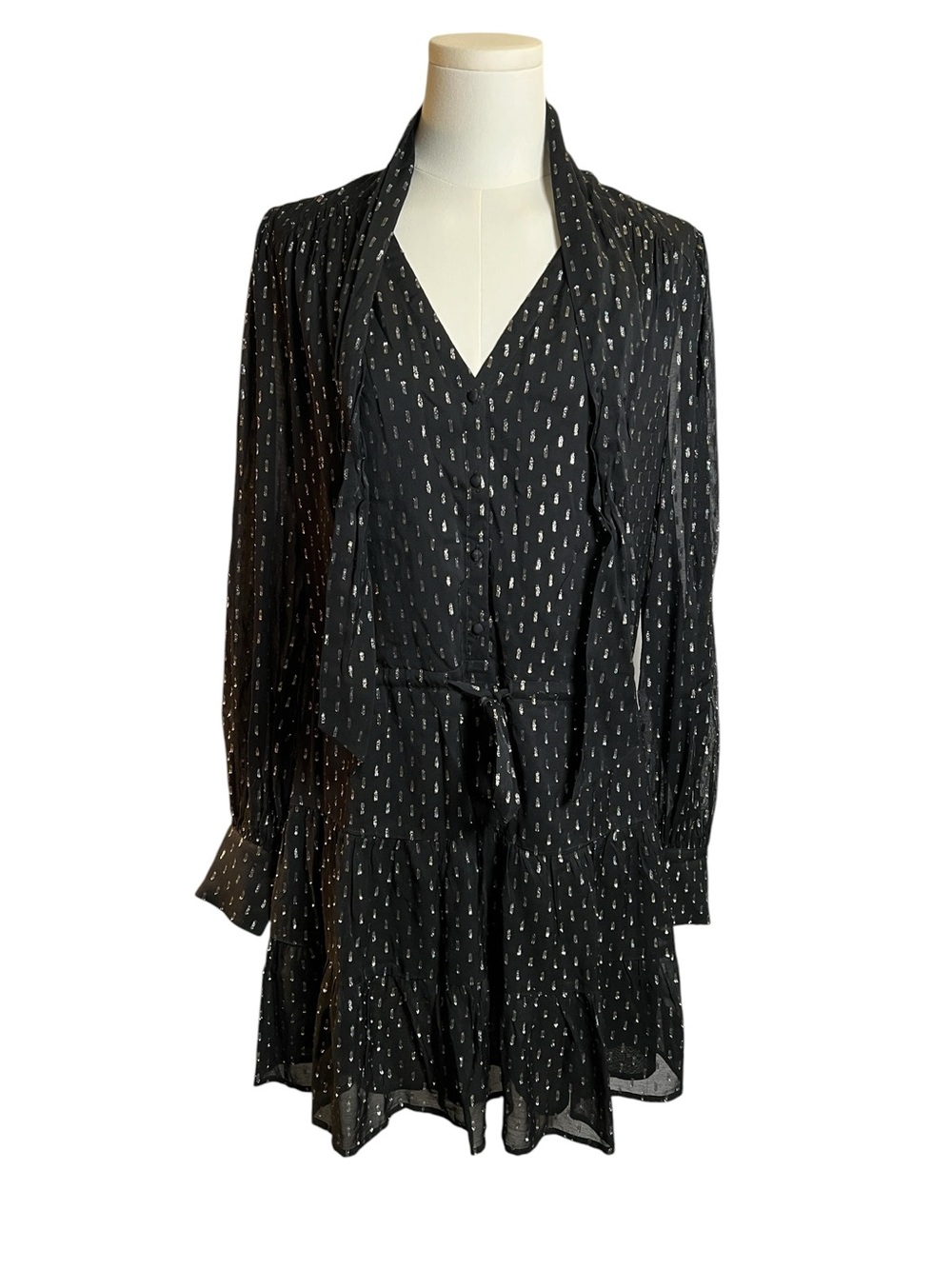 Paige Women's Cleobelle Metallic Neck Tie Long Sleeve Mini Dress Size Small